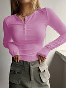 Camiseta acanalada frontal con medio botón liso para mujer, top de moda, camiseta informal de manga larga con cuello redondo