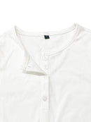 Camiseta acanalada frontal con medio botón liso para mujer, top de moda, camiseta informal de manga larga con cuello redondo