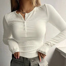 Camiseta acanalada frontal con medio botón liso para mujer, top de moda, camiseta informal de manga larga con cuello redondo