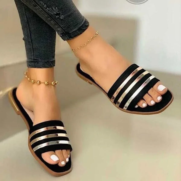 2023 nuevos zapatos para Mujer, Zapatillas básicas para Mujer, Zapatillas De verano para exteriores, Sandalias planas doradas ostentosas para Mujer, Zapatillas De Mujer