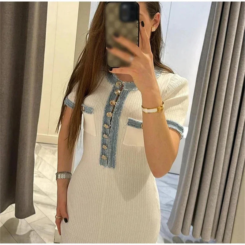 Vestido largo de punto elegante y contrastante para mujer, vestido elegante con cuello redondo y manga corta con botones de Metal, vestidos ajustados para oficina, bata para ir al trabajo