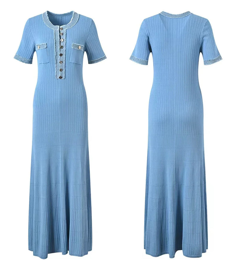 Vestido largo de punto elegante y contrastante para mujer, vestido elegante con cuello redondo y manga corta con botones de Metal, vestidos ajustados para oficina, bata para ir al trabajo