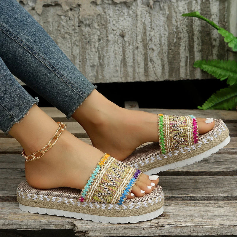 Zapatillas tejidas para mujer, zapatos de plataforma de verano para mujer, Sandalias de tacón informales para playa, alpargatas bohemias hechas a mano para mujer 2023