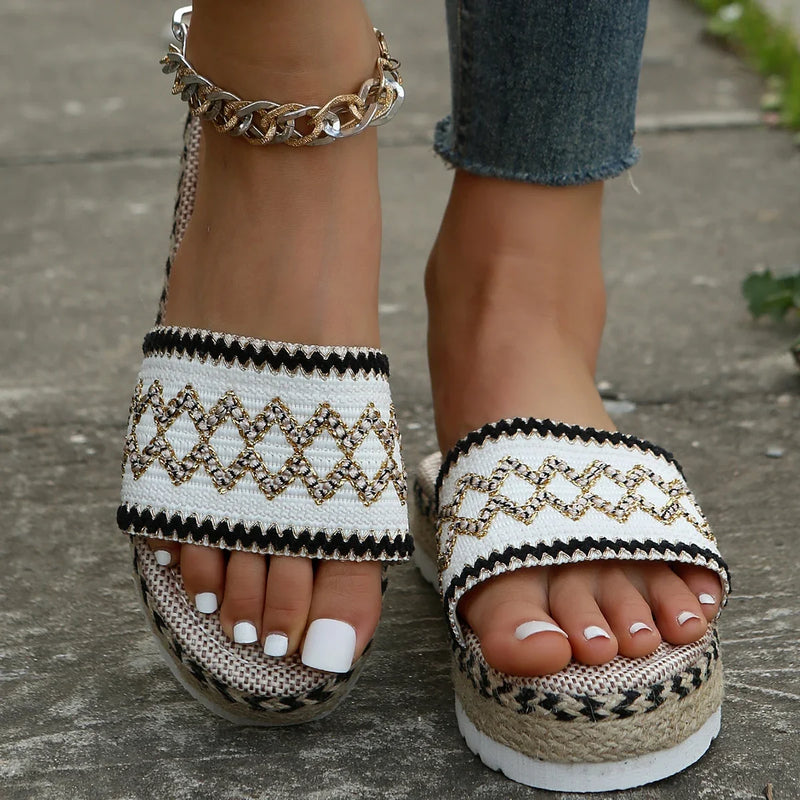 Zapatillas tejidas para mujer, zapatos de plataforma de verano para mujer, Sandalias de tacón informales para playa, alpargatas bohemias hechas a mano para mujer 2023