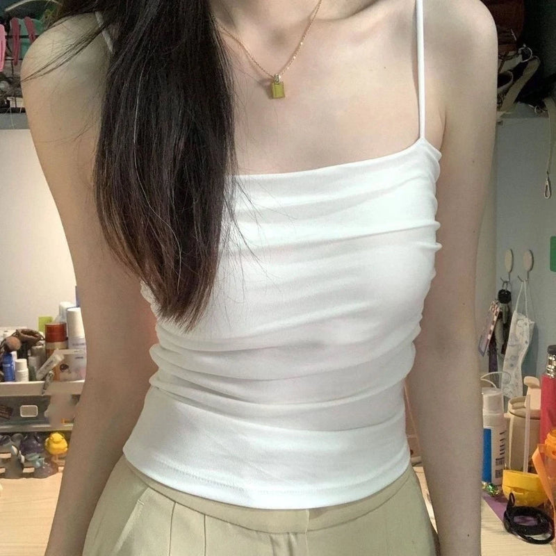 Camisolas de verano, camisetas sin mangas para mujer con sujetador incorporado, camisetas sin mangas con tirantes finos, Top corto, Top informal de Color sólido
