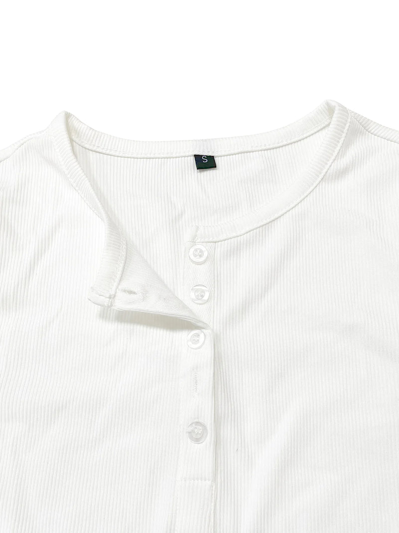 Camiseta acanalada frontal con medio botón liso para mujer, top de moda, camiseta informal de manga larga con cuello redondo