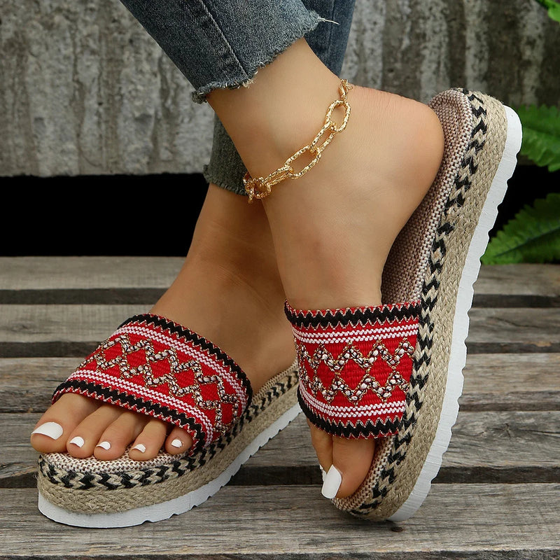 Zapatillas tejidas para mujer, zapatos de plataforma de verano para mujer, Sandalias de tacón informales para playa, alpargatas bohemias hechas a mano para mujer 2023