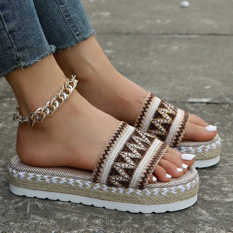 Zapatillas tejidas para mujer, zapatos de plataforma de verano para mujer, Sandalias de tacón informales para playa, alpargatas bohemias hechas a mano para mujer 2023