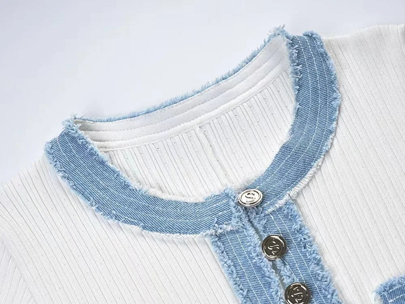 Vestido largo de punto elegante y contrastante para mujer, vestido elegante con cuello redondo y manga corta con botones de Metal, vestidos ajustados para oficina, bata para ir al trabajo