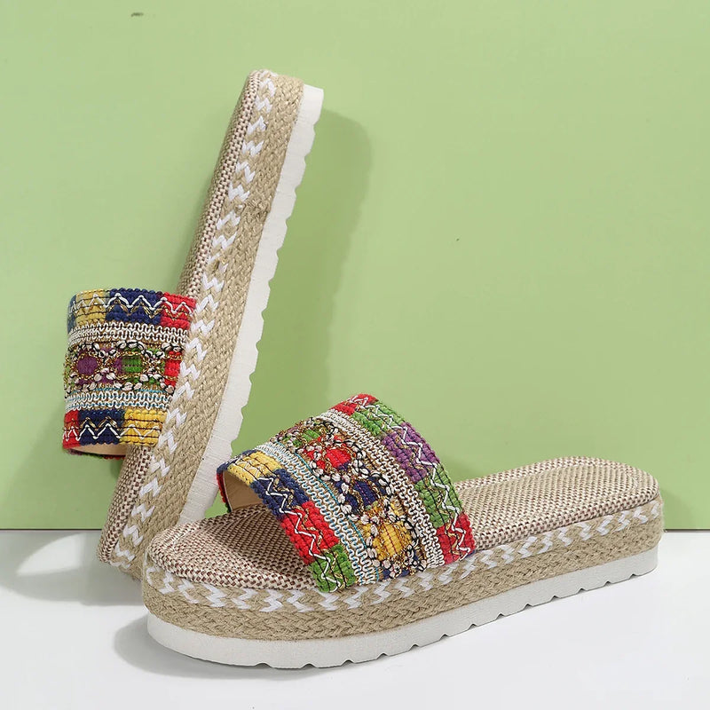 Zapatillas tejidas para mujer, zapatos de plataforma de verano para mujer, Sandalias de tacón informales para playa, alpargatas bohemias hechas a mano para mujer 2023