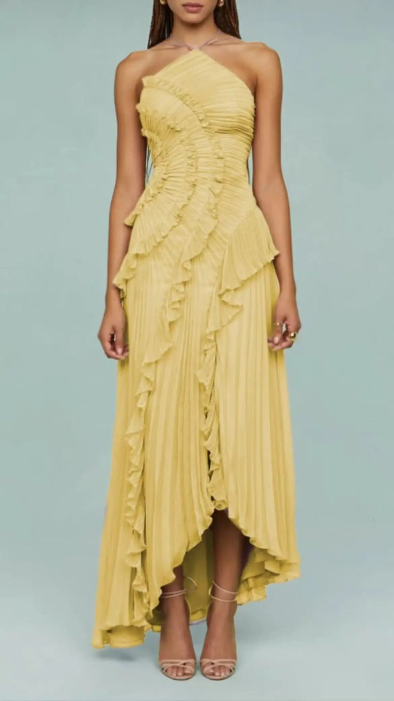 Vestido largo elegante con borde de loto, vestido ajustado con espalda descubierta y cordones, batas con cuello Halter, Vestidos de fiesta sin mangas, Vestidos de vacaciones para mujer 2025 Nw