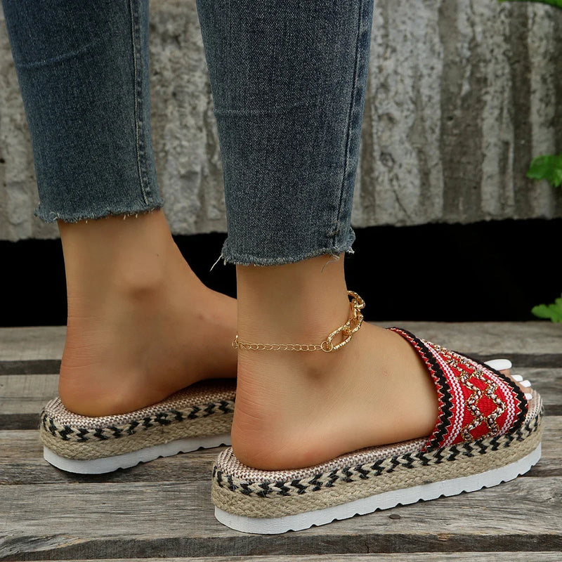 Zapatillas tejidas para mujer, zapatos de plataforma de verano para mujer, Sandalias de tacón informales para playa, alpargatas bohemias hechas a mano para mujer 2023