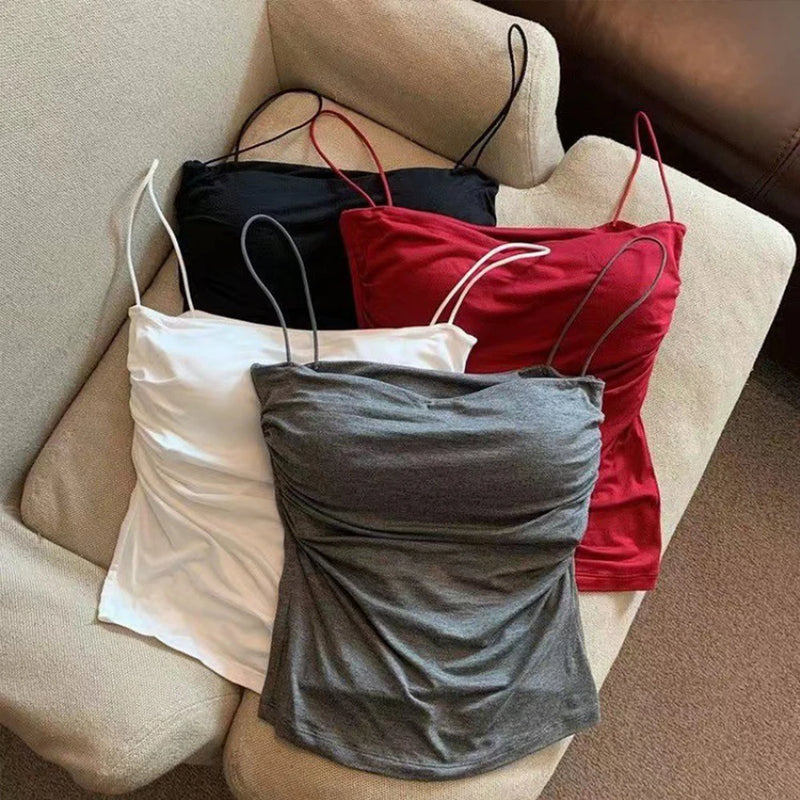 Camisolas de verano, camisetas sin mangas para mujer con sujetador incorporado, camisetas sin mangas con tirantes finos, Top corto, Top informal de Color sólido