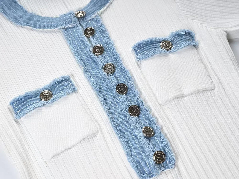Vestido largo de punto elegante y contrastante para mujer, vestido elegante con cuello redondo y manga corta con botones de Metal, vestidos ajustados para oficina, bata para ir al trabajo