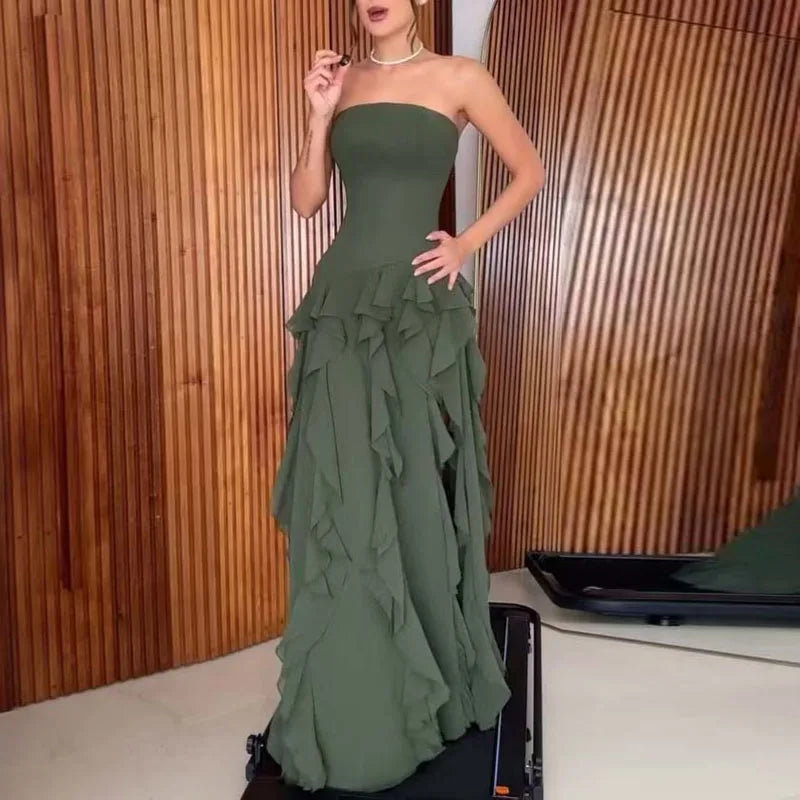 Vestidos elegantes con volantes y abertura para mujer, Vestidos sexys sin tirantes, ajustados, largos, sin mangas, con espalda descubierta, Maxi vestido hueco