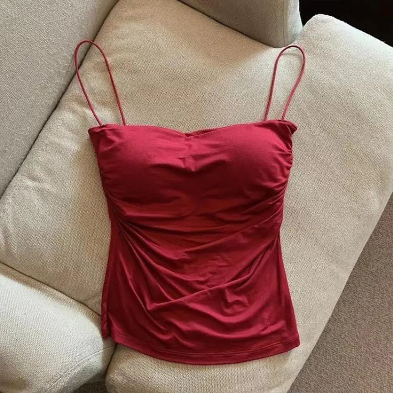 Camisolas de verano, camisetas sin mangas para mujer con sujetador incorporado, camisetas sin mangas con tirantes finos, Top corto, Top informal de Color sólido