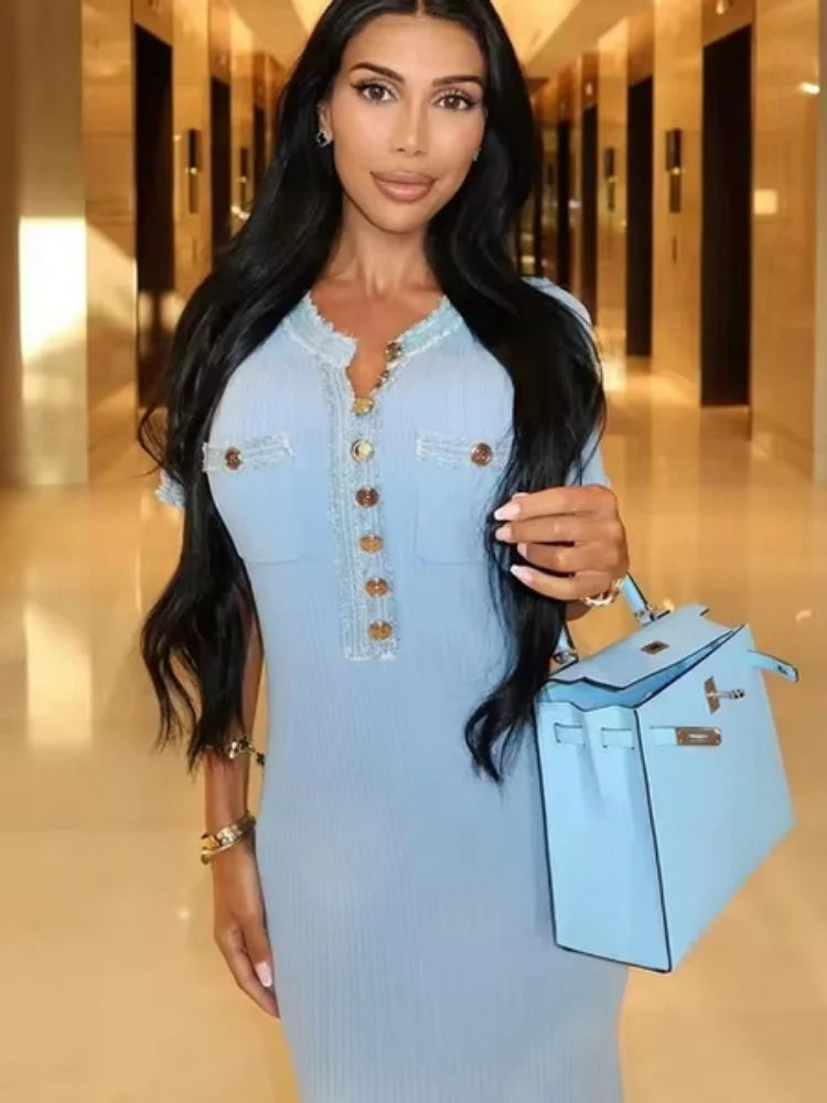 Vestido largo de punto elegante y contrastante para mujer, vestido elegante con cuello redondo y manga corta con botones de Metal, vestidos ajustados para oficina, bata para ir al trabajo