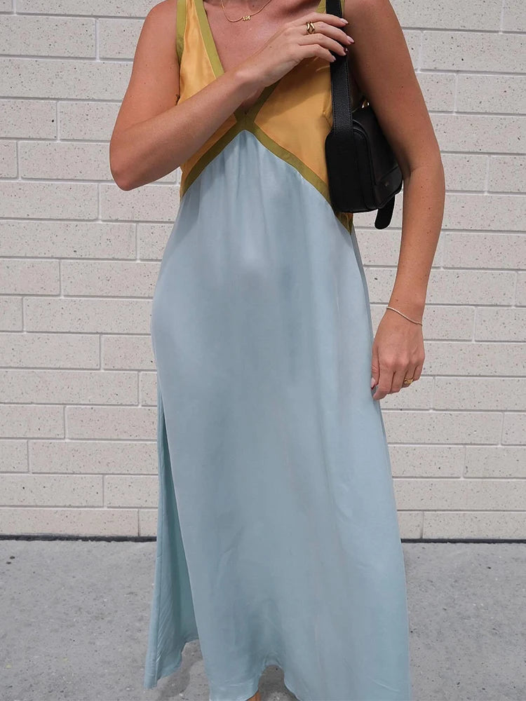 Vestido largo de retazos con cuello en V para mujer, vestido informal sin mangas holgado con tirantes, Vestidos largos de verano para mujer, bata de fiesta para vacaciones