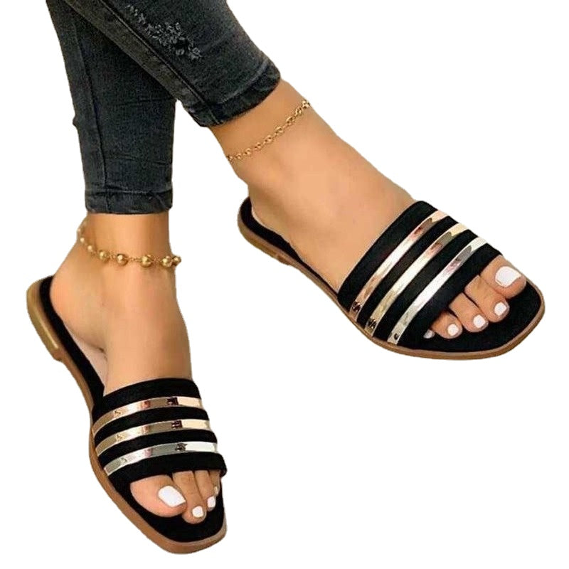 2023 nuevos zapatos para Mujer, Zapatillas básicas para Mujer, Zapatillas De verano para exteriores, Sandalias planas doradas ostentosas para Mujer, Zapatillas De Mujer