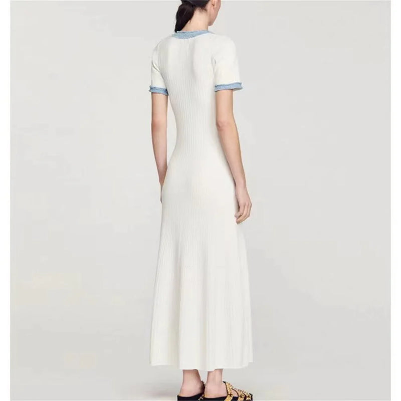 Vestido largo de punto elegante y contrastante para mujer, vestido elegante con cuello redondo y manga corta con botones de Metal, vestidos ajustados para oficina, bata para ir al trabajo