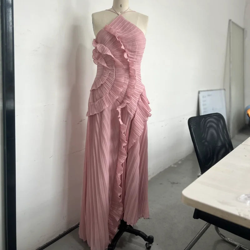 Vestido largo elegante con borde de loto, vestido ajustado con espalda descubierta y cordones, batas con cuello Halter, Vestidos de fiesta sin mangas, Vestidos de vacaciones para mujer 2025 Nw