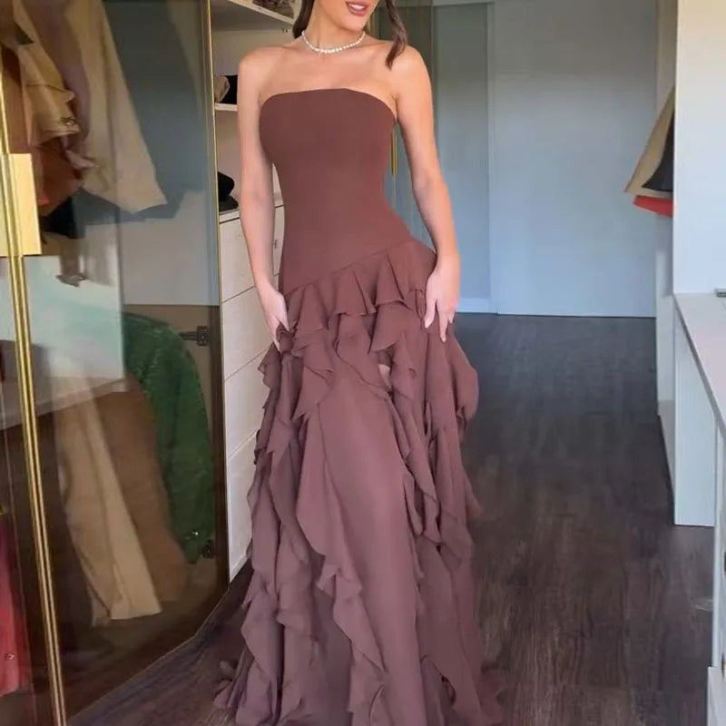 Vestidos elegantes con volantes y abertura para mujer, Vestidos sexys sin tirantes, ajustados, largos, sin mangas, con espalda descubierta, Maxi vestido hueco