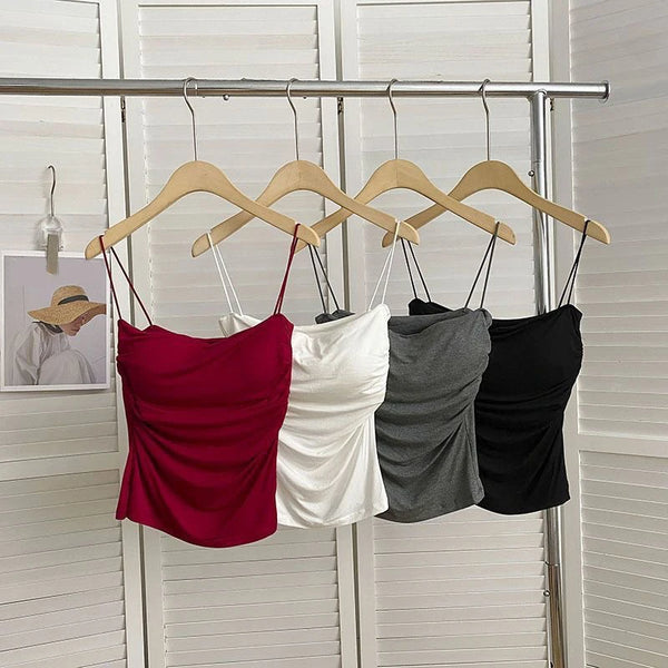 Camisolas de verano, camisetas sin mangas para mujer con sujetador incorporado, camisetas sin mangas con tirantes finos, Top corto, Top informal de Color sólido