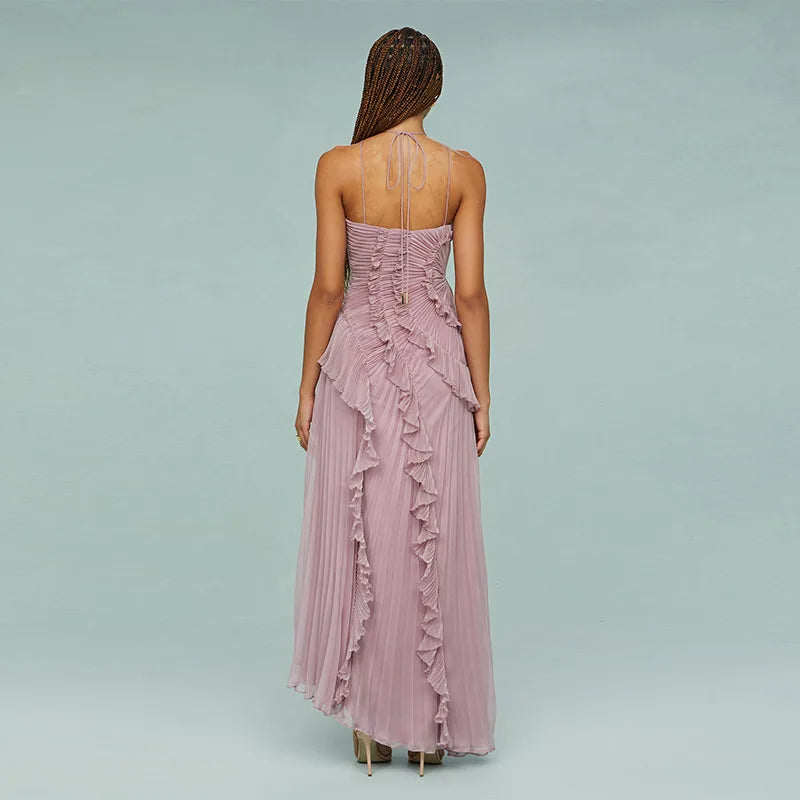 Vestido largo elegante con borde de loto, vestido ajustado con espalda descubierta y cordones, batas con cuello Halter, Vestidos de fiesta sin mangas, Vestidos de vacaciones para mujer 2025 Nw