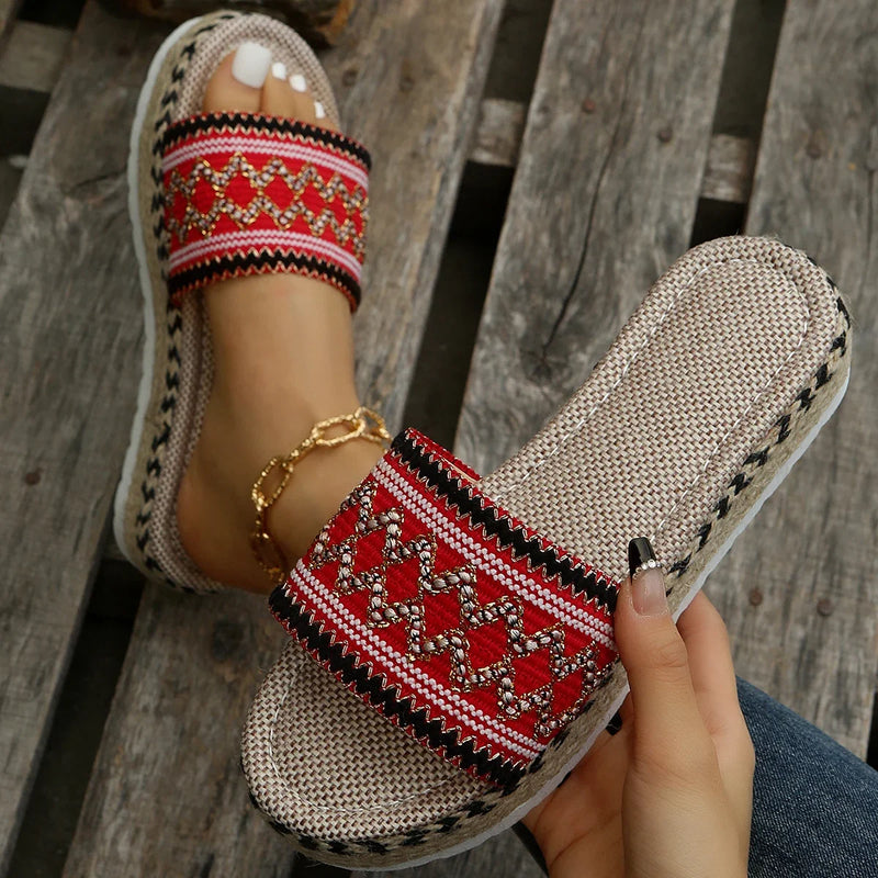 Zapatillas tejidas para mujer, zapatos de plataforma de verano para mujer, Sandalias de tacón informales para playa, alpargatas bohemias hechas a mano para mujer 2023
