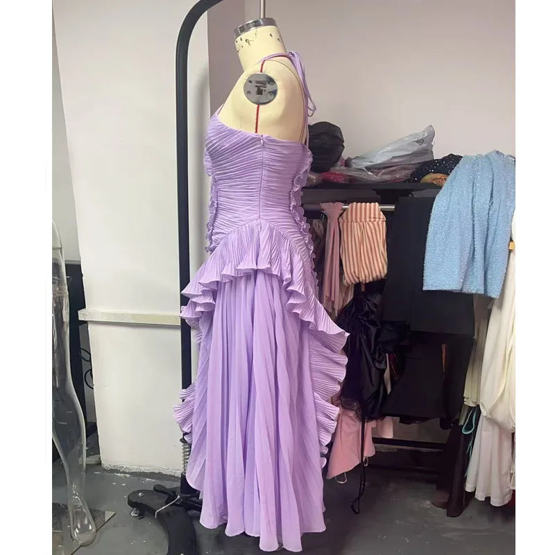 Vestido largo elegante con borde de loto, vestido ajustado con espalda descubierta y cordones, batas con cuello Halter, Vestidos de fiesta sin mangas, Vestidos de vacaciones para mujer 2025 Nw