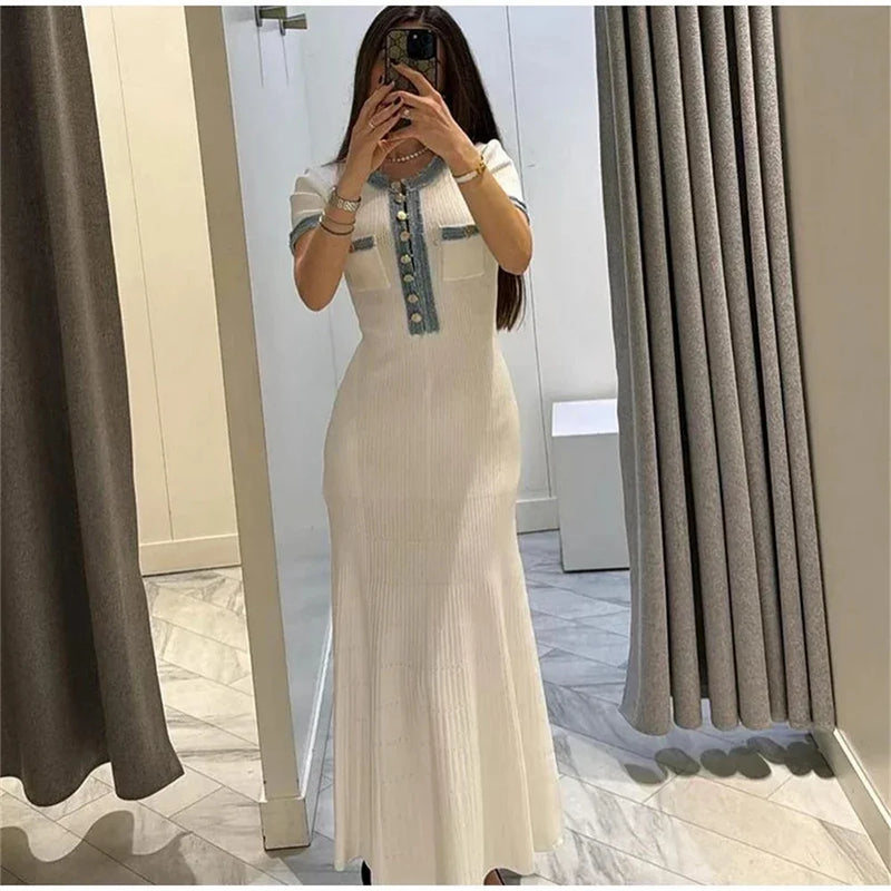 Vestido largo de punto elegante y contrastante para mujer, vestido elegante con cuello redondo y manga corta con botones de Metal, vestidos ajustados para oficina, bata para ir al trabajo