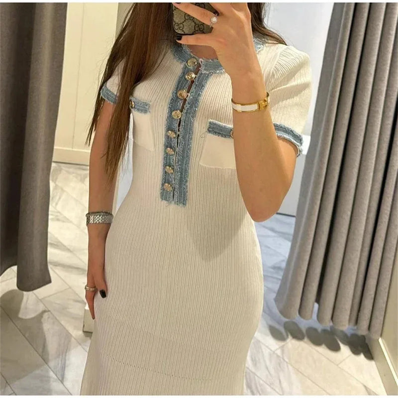 Vestido largo de punto elegante y contrastante para mujer, vestido elegante con cuello redondo y manga corta con botones de Metal, vestidos ajustados para oficina, bata para ir al trabajo