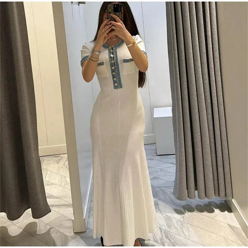 Vestido largo de punto elegante y contrastante para mujer, vestido elegante con cuello redondo y manga corta con botones de Metal, vestidos ajustados para oficina, bata para ir al trabajo