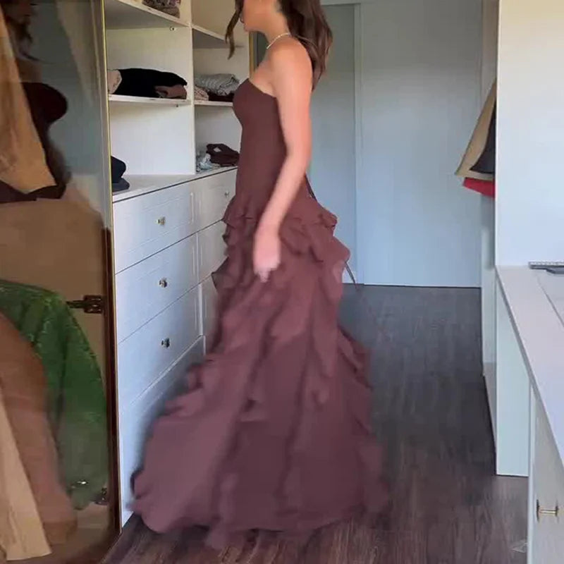 Vestidos elegantes con volantes y abertura para mujer, Vestidos sexys sin tirantes, ajustados, largos, sin mangas, con espalda descubierta, Maxi vestido hueco