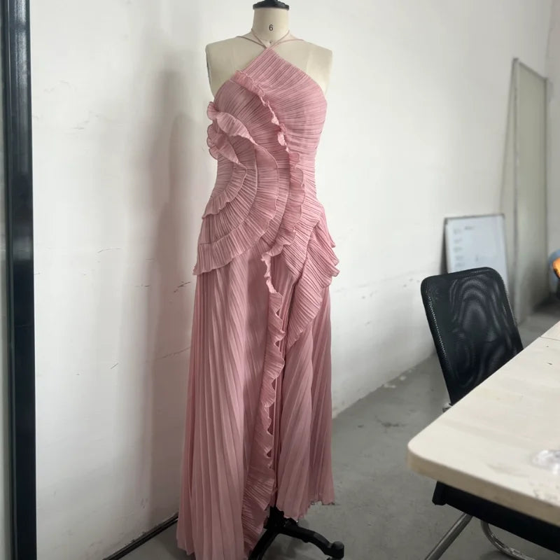 Vestido largo elegante con borde de loto, vestido ajustado con espalda descubierta y cordones, batas con cuello Halter, Vestidos de fiesta sin mangas, Vestidos de vacaciones para mujer 2025 Nw