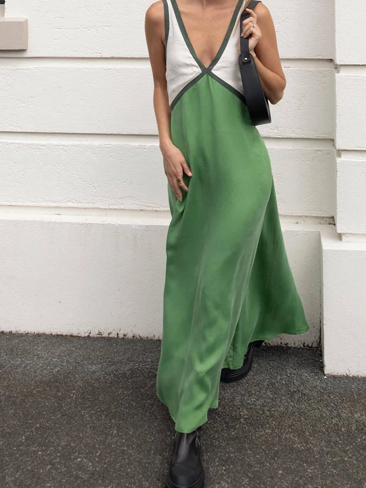 Vestido largo de retazos con cuello en V para mujer, vestido informal sin mangas holgado con tirantes, Vestidos largos de verano para mujer, bata de fiesta para vacaciones