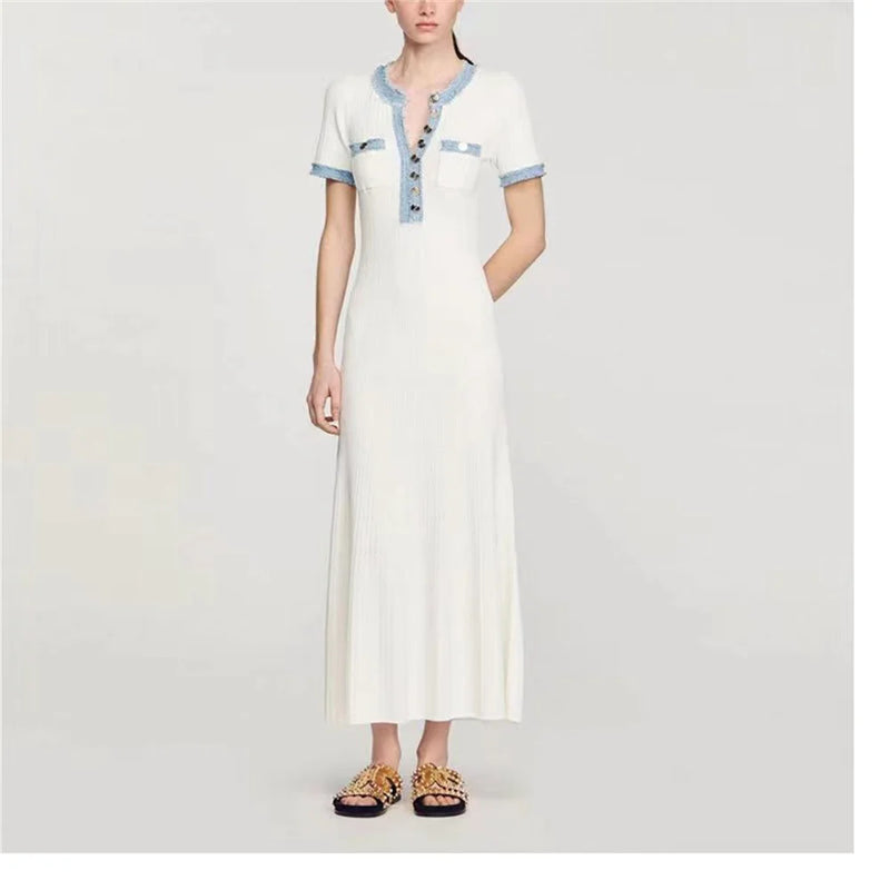 Vestido largo de punto elegante y contrastante para mujer, vestido elegante con cuello redondo y manga corta con botones de Metal, vestidos ajustados para oficina, bata para ir al trabajo