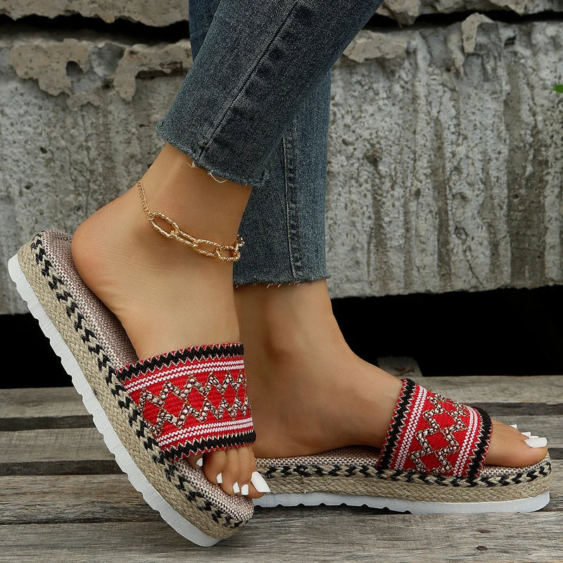 Zapatillas tejidas para mujer, zapatos de plataforma de verano para mujer, Sandalias de tacón informales para playa, alpargatas bohemias hechas a mano para mujer 2023