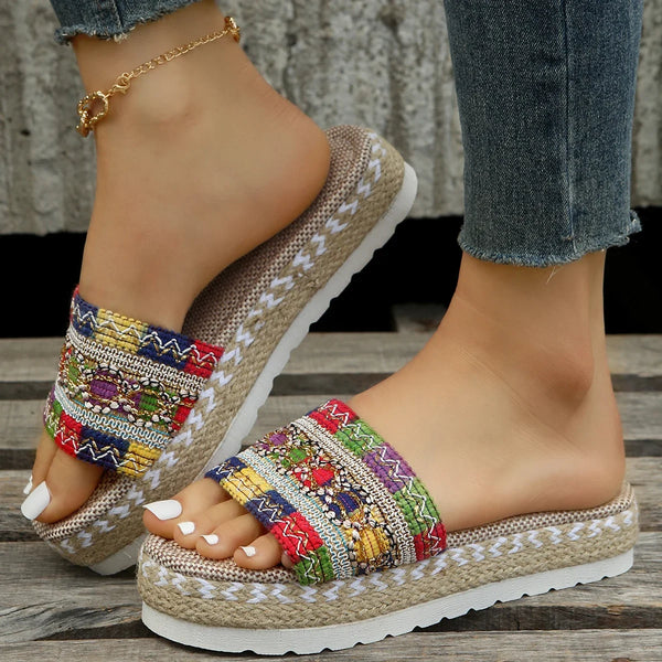 Zapatillas tejidas para mujer, zapatos de plataforma de verano para mujer, Sandalias de tacón informales para playa, alpargatas bohemias hechas a mano para mujer 2023
