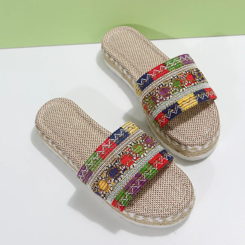 Zapatillas tejidas para mujer, zapatos de plataforma de verano para mujer, Sandalias de tacón informales para playa, alpargatas bohemias hechas a mano para mujer 2023
