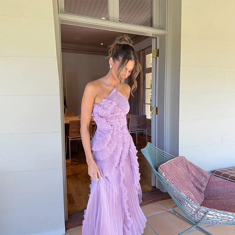 Vestido largo elegante con borde de loto, vestido ajustado con espalda descubierta y cordones, batas con cuello Halter, Vestidos de fiesta sin mangas, Vestidos de vacaciones para mujer 2025 Nw