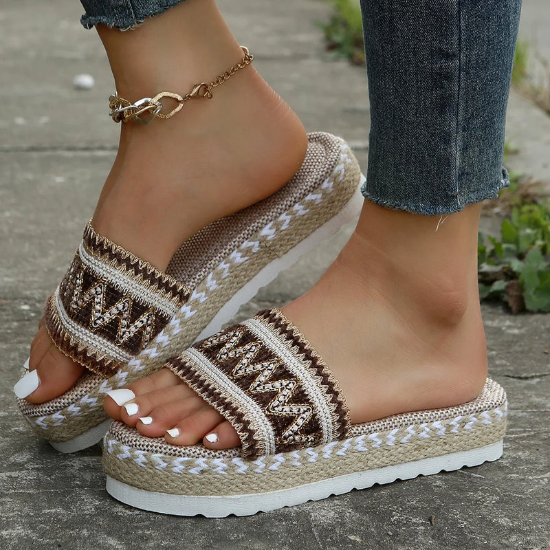 Zapatillas tejidas para mujer, zapatos de plataforma de verano para mujer, Sandalias de tacón informales para playa, alpargatas bohemias hechas a mano para mujer 2023