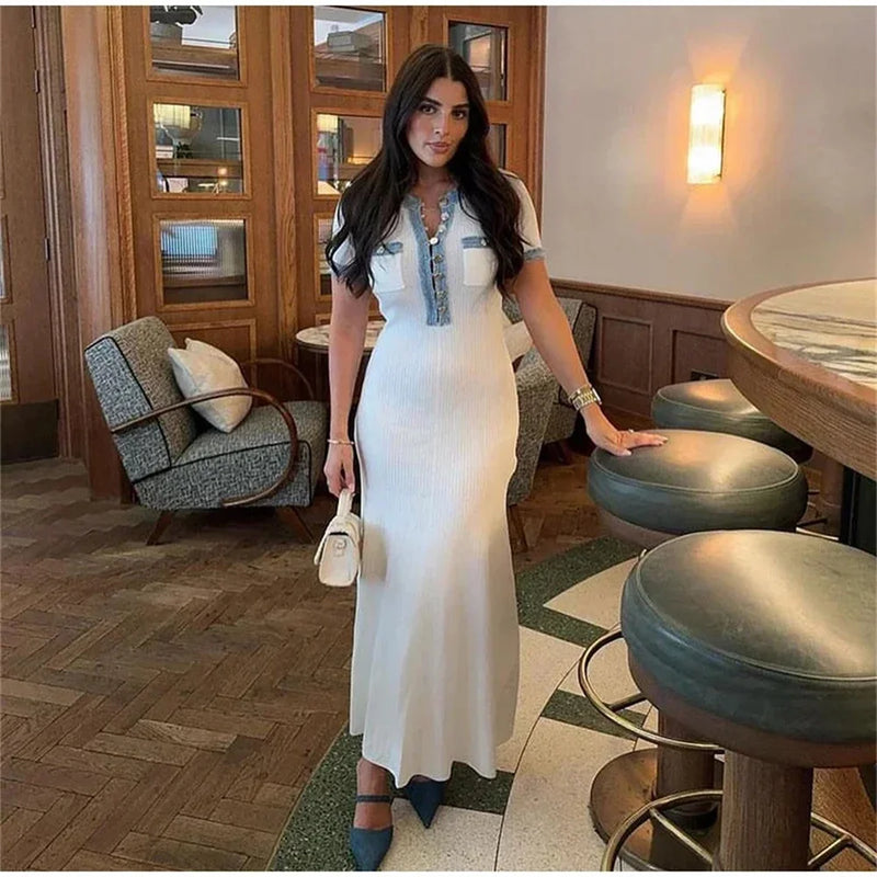 Vestido largo de punto elegante y contrastante para mujer, vestido elegante con cuello redondo y manga corta con botones de Metal, vestidos ajustados para oficina, bata para ir al trabajo