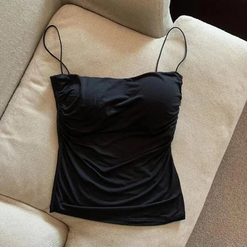 Camisolas de verano, camisetas sin mangas para mujer con sujetador incorporado, camisetas sin mangas con tirantes finos, Top corto, Top informal de Color sólido