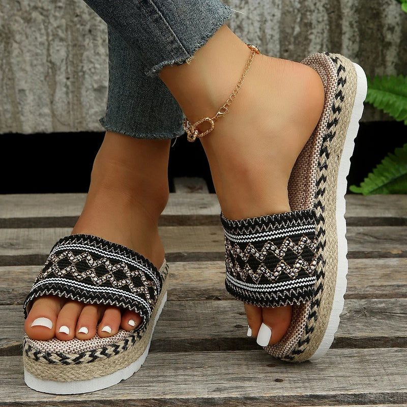 Zapatillas tejidas para mujer, zapatos de plataforma de verano para mujer, Sandalias de tacón informales para playa, alpargatas bohemias hechas a mano para mujer 2023