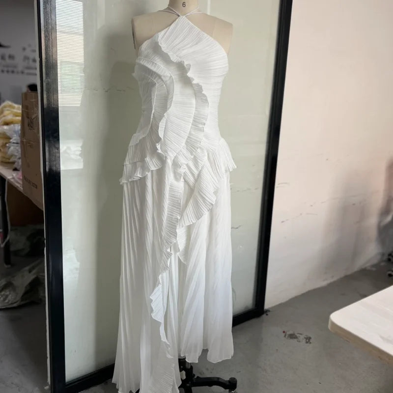 Vestido largo elegante con borde de loto, vestido ajustado con espalda descubierta y cordones, batas con cuello Halter, Vestidos de fiesta sin mangas, Vestidos de vacaciones para mujer 2025 Nw