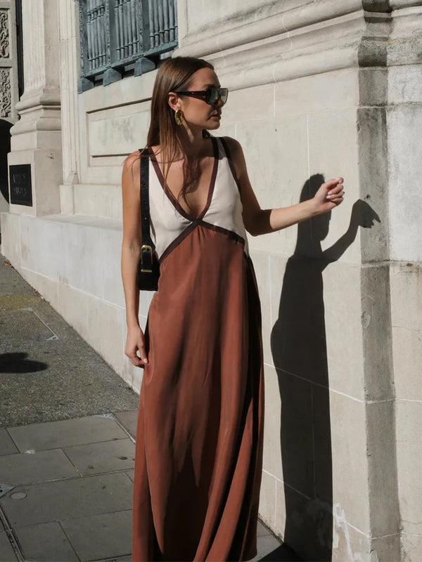 Vestido largo de retazos con cuello en V para mujer, vestido informal sin mangas holgado con tirantes, Vestidos largos de verano para mujer, bata de fiesta para vacaciones