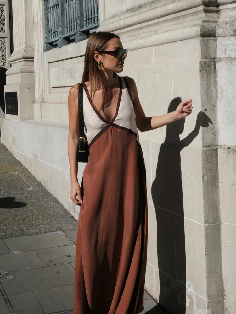 Vestido largo de retazos con cuello en V para mujer, vestido informal sin mangas holgado con tirantes, Vestidos largos de verano para mujer, bata de fiesta para vacaciones