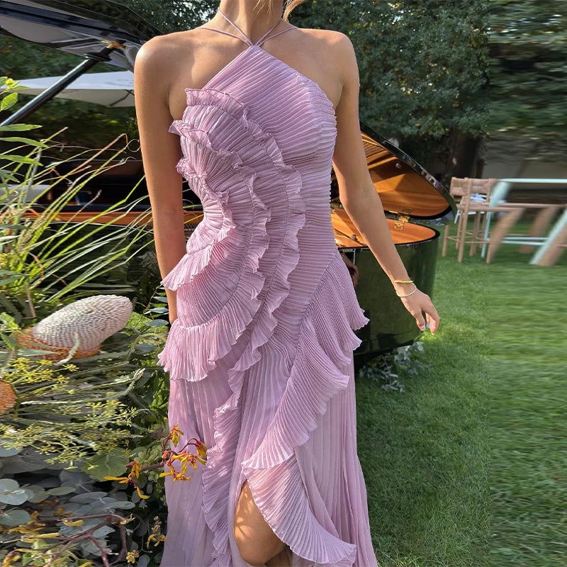 Vestido largo elegante con borde de loto, vestido ajustado con espalda descubierta y cordones, batas con cuello Halter, Vestidos de fiesta sin mangas, Vestidos de vacaciones para mujer 2025 Nw