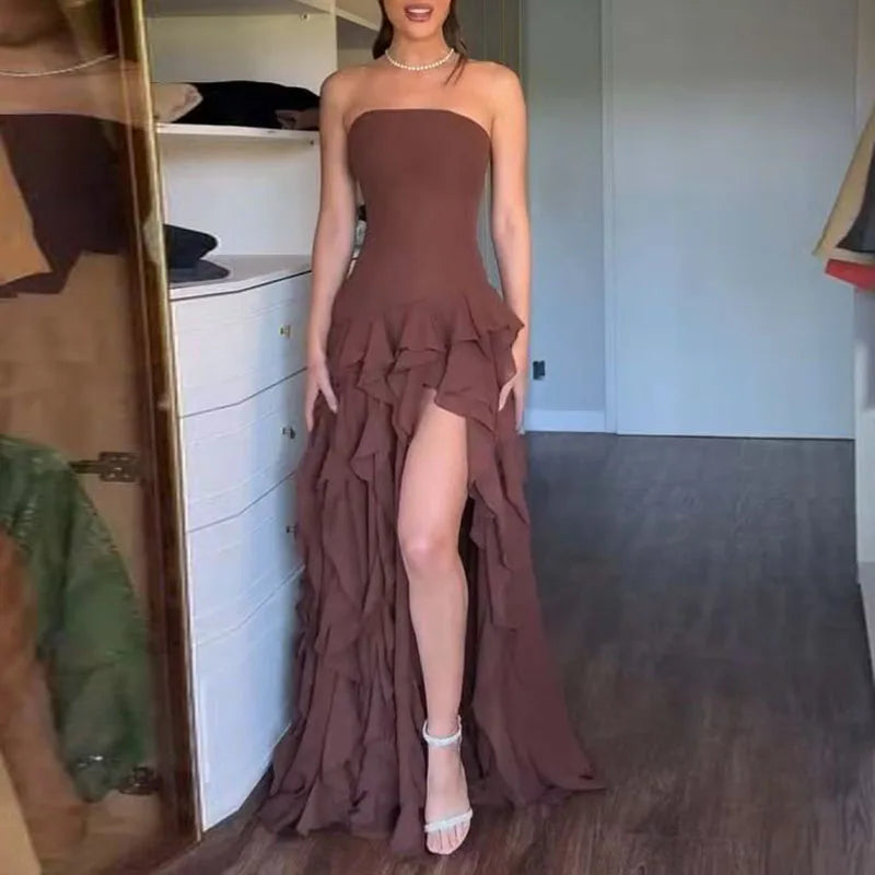 Vestidos elegantes con volantes y abertura para mujer, Vestidos sexys sin tirantes, ajustados, largos, sin mangas, con espalda descubierta, Maxi vestido hueco